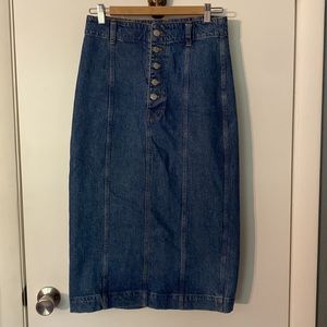 Stretch Denim Button-Front Midi Pencil Skirt